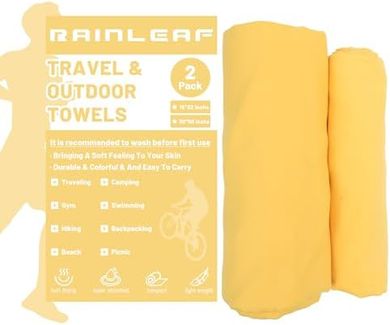 Rainleaf Microfiber Travel Towels (2-pack): Quick-dry, absorbent, compact.
